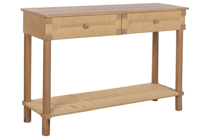 DKD Home Decor Consola Cottage con 2 Cajones y Estante, Natural, Abeto y Rattan, 120 x 35 x 81 cm