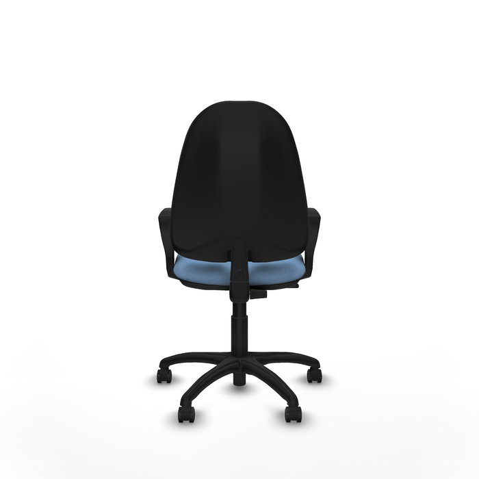 Silla de oficina Algarra con mecanismo Contacto permanente básico tapizada con Tela color Azul cielo. Equipada con Base poliamida negra, Brazos fijos y Ruedas de parqué