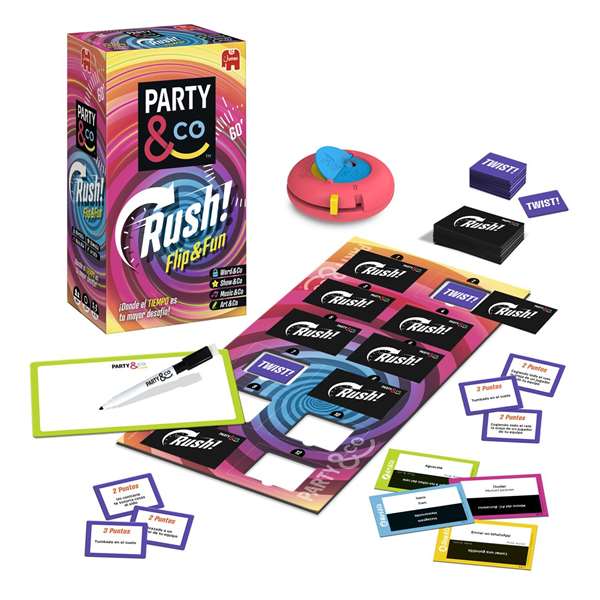Diset Party & Co. Rush - Juego de Mesa Familiar en Español, de Desafíos a Contrareloj, de 4 Jugadores, Edad +14, con Tablero, Cartas, Pizarra y Reloj de Arena