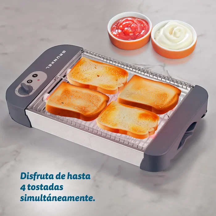 Grunkel TSP-G2 Tostador Plano, 4 Rebanadas, 600W, con Temporizador Ajustable y Bandeja Recogemigas, Color Gris y Acero Inoxidable
