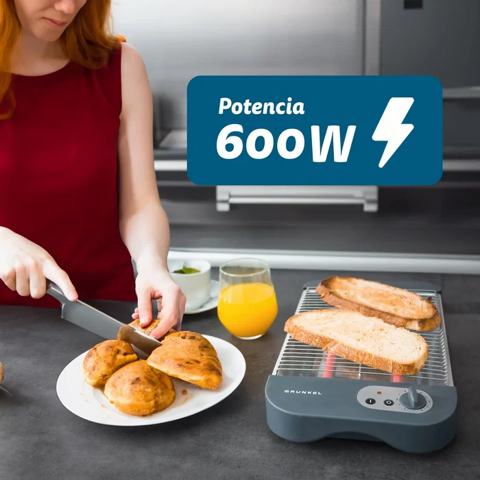 Grunkel TSP-G2 Tostador Plano, 4 Rebanadas, 600W, con Temporizador Ajustable y Bandeja Recogemigas, Color Gris y Acero Inoxidable