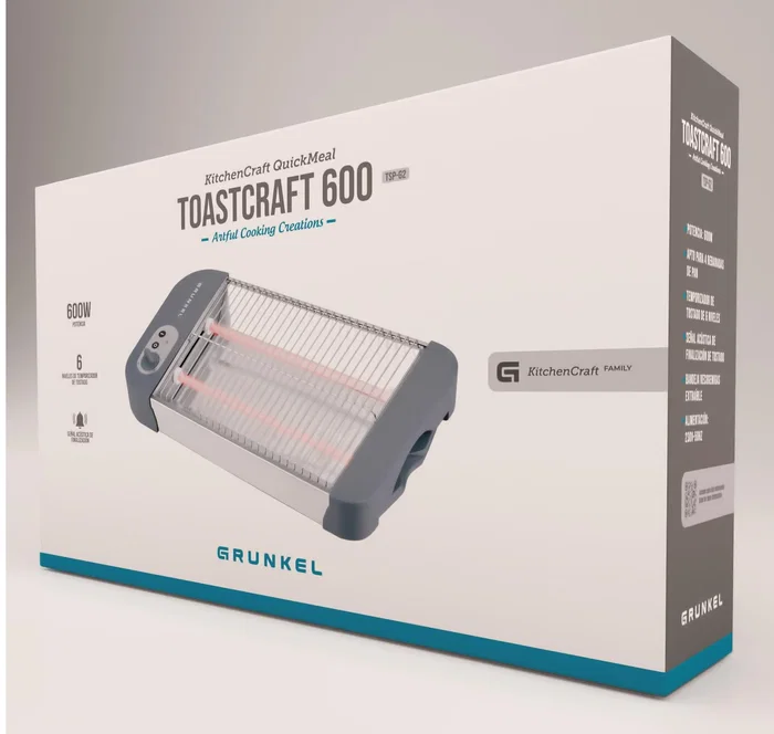 Grunkel TSP-G2 Tostador Plano, 4 Rebanadas, 600W, con Temporizador Ajustable y Bandeja Recogemigas, Color Gris y Acero Inoxidable