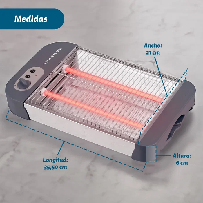 Grunkel TSP-G2 Tostador Plano, 4 Rebanadas, 600W, con Temporizador Ajustable y Bandeja Recogemigas, Color Gris y Acero Inoxidable
