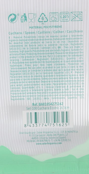 Algon Set de 100 Cucharas Ecológicas Desechables de 16.5 cm - Cubiertos de Plástico Biodegradable (20 Unidades)
