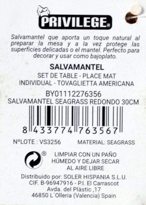 Privilege Salvamantel Redondo Seagrass 30 cm (36 Unidades)