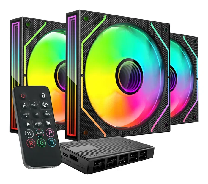 Mars Gaming Kit de 3 Ventiladores MF-3DPROKIT ARGB 120mm Negro con HUB, Control Remoto, PWM, Infinity Mirror, Sincronización Aura Sync/Mystic Light/RGB Fusion, Rodamientos FDB
