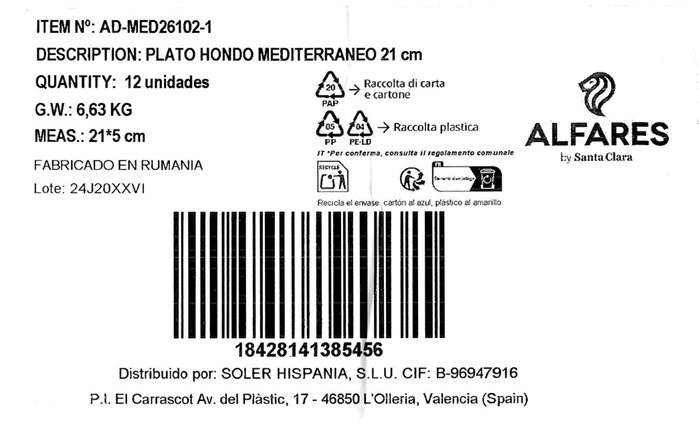 Alfares Plato Hondo Mediterraneo 21cm (Pack de 12)