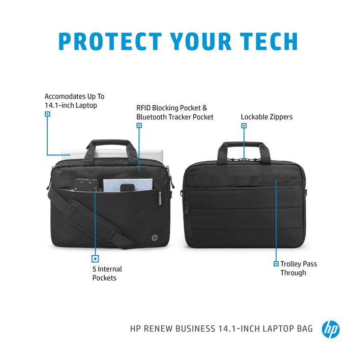 HP Bolso para portátil Renew Business de 14.1 pulgadas. Diseñado con materiales responsables, duradero y cómodo.