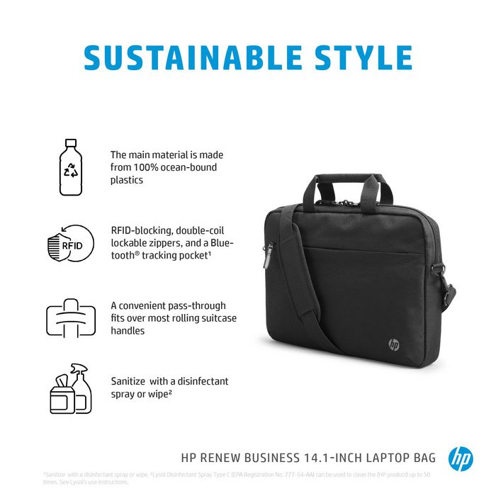 HP Bolso para portátil Renew Business de 14.1 pulgadas. Diseñado con materiales responsables, duradero y cómodo.