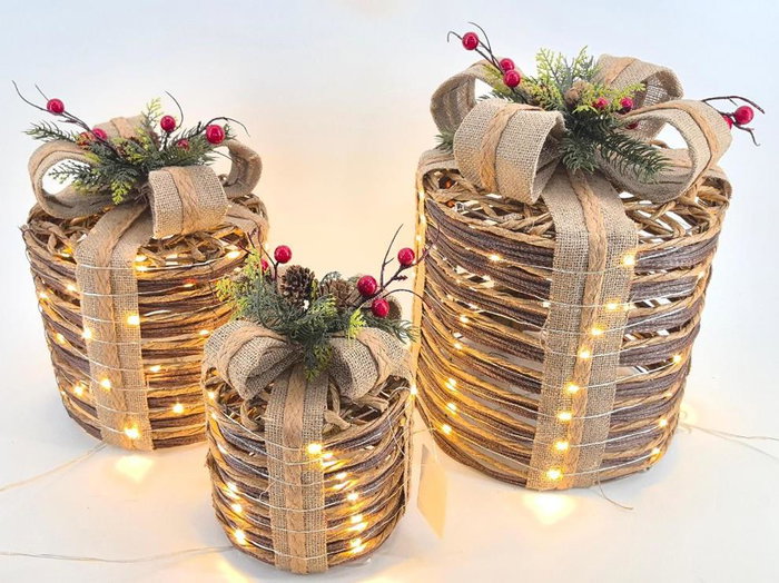 DKD Home Decor Set de 3 Piezas de Decoración en Ratán con LED Natural