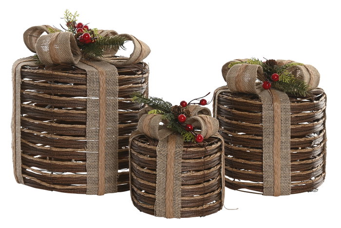 DKD Home Decor Set de 3 Piezas de Decoración en Ratán con LED Natural