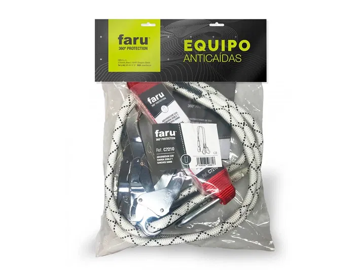 Faru Elemento de Amarre Anticaídas con Absorbedor de Energía, Cuerda 13mm, Gancho Acero 50mm, Mosquetón