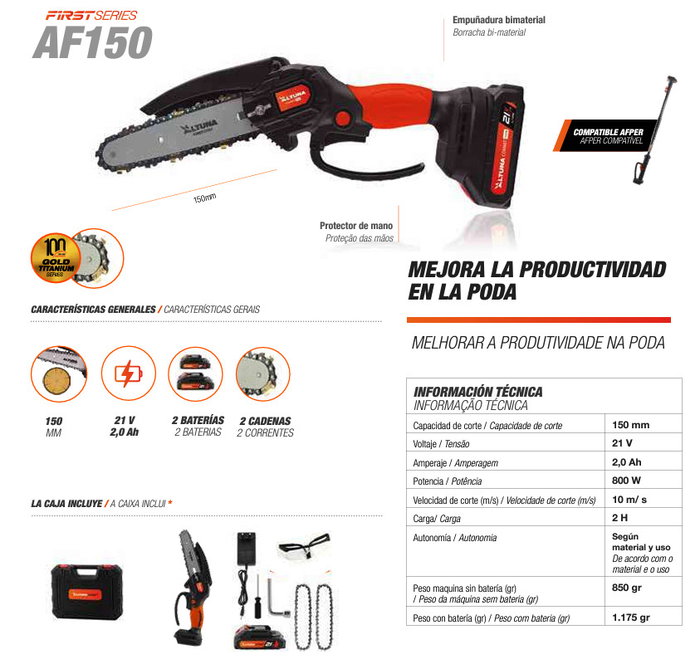 ALTUNA Motosierra de mano 800W 150mm con 2 baterías de 21V