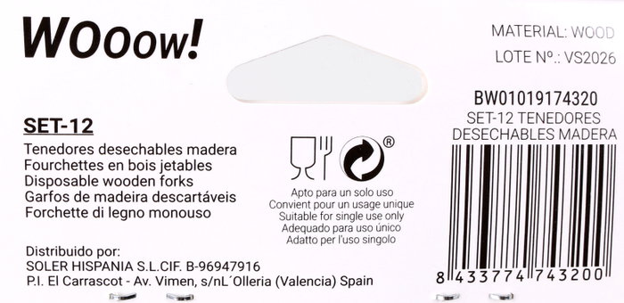 Wooow Set 12 Tenedores Desechables de Madera 16 x 2.8 x 1.8 cm (36 Unidades)