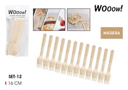 Wooow Set 12 Tenedores Desechables de Madera 16 x 2.8 x 1.8 cm (36 Unidades)