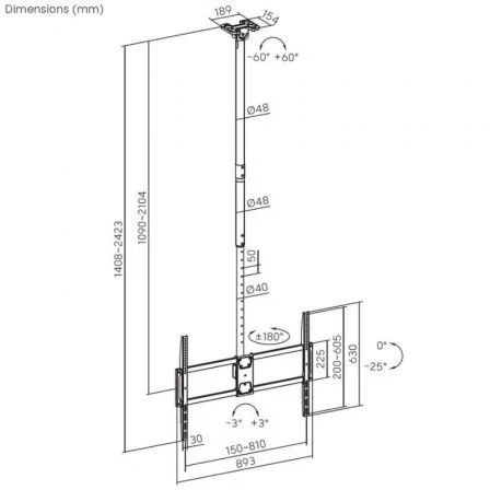 Aisens CT100TSLE-393 Soporte de Techo Inclinable, Giratorio, Nivelable y Extensible para TV de 50-100" hasta 80kg en Negro