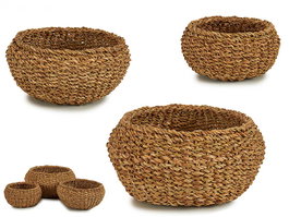 Giftdecor Set 3 Cestos Esparto Abombado de Alga de Mar Marron, Grande 31x31x17 cm, Mediano 26x26x13.5 cm, Pequeño 22x22x12 cm (Set de 4)
