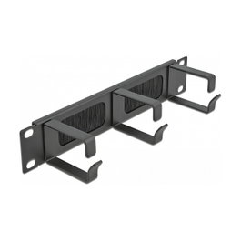 DeLOCK Panel pasacables con cepillo de 10 pulgadas con 3 ganchos, 1U, Negro