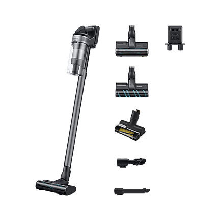 Samsung Jet 75e CompleteClean Aspiradora Escoba 2 en 1 Sin Bolsa - Aspirador Multiciclónico con Batería Ion-Litio para Alfombra y Suelo Duro, Negro y Cromo (VS20B75BCR5)