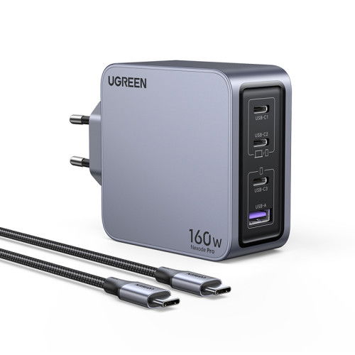 UGREEN Nexode Pro Cargador 160W GaN con Cable USB-C, Negro/Gris, Carga Rápida USB PD 3.1 para 4 Dispositivos