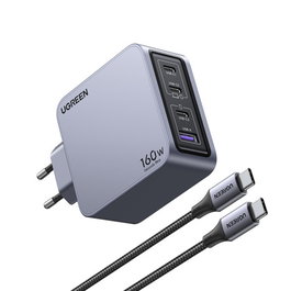UGREEN Nexode Pro Cargador 160W GaN con Cable USB-C, Negro/Gris, Carga Rápida USB PD 3.1 para 4 Dispositivos