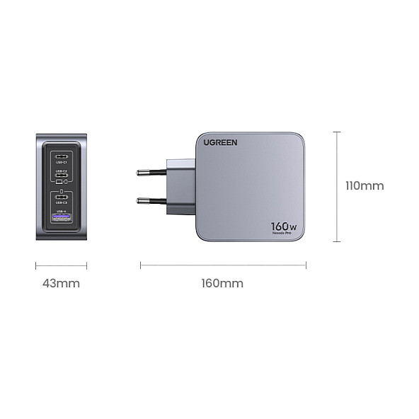 UGREEN Nexode Pro 160W Cargador GaN con Cable USB-C, Negro/Gris, Interior