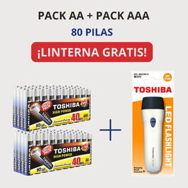TOSHIBA Pack de 80 Pilas Alcalinas AA y AAA para Larga Duración con Linterna Blanca de Regalo