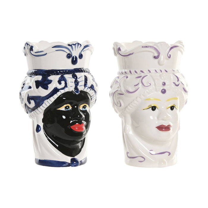 DKD Home Decor Macetero de Porcelana Cabeza Siciliana, Pack de 2 DKD Home Decor Macetero de Porcelana Cabeza Siciliana, Pack de 2