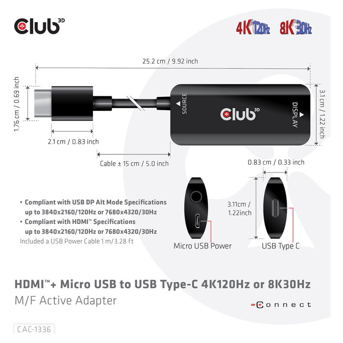 Club 3D CAC-1336 Adaptador HDMI + MicroUSB a USB-C 4K120Hz Club 3D CAC-1336 Adaptador HDMI + MicroUSB a USB-C 4K120Hz
