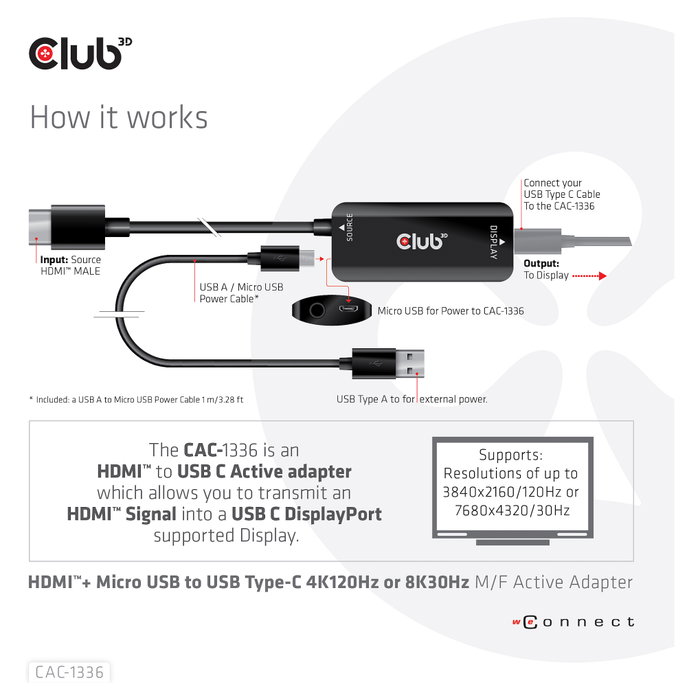 Club 3D CAC-1336 Adaptador HDMI + MicroUSB a USB-C 4K120Hz Club 3D CAC-1336 Adaptador HDMI + MicroUSB a USB-C 4K120Hz