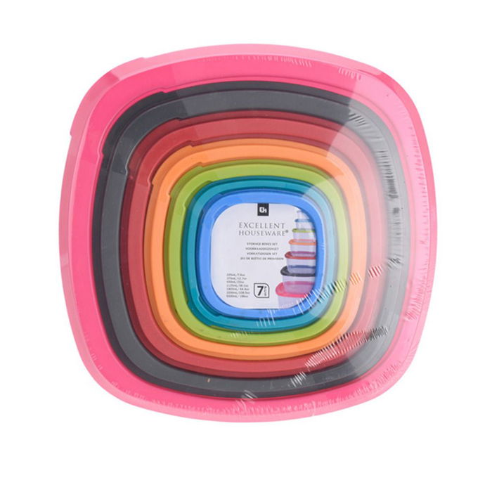 Excellent Houseware Set de 7 Fiambreras de Plástico con Tapa de Colores, 225 ml a 5500 ml, Apto para Microondas y Lavavajillas