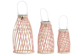 DKD Home Decor Set de 3 Lámparas Solares de Bambú con Asa de Metal, 20x20x36 cm
