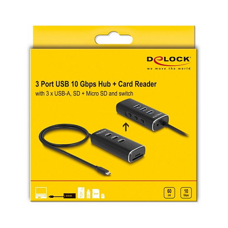 DeLOCK Concentrador USB 3 Puertos con Lector de Tarjetas SD/Micro SD y USB Type-C Negro DeLOCK Concentrador USB 3 Puertos con Lector de Tarjetas SD/Micro SD y USB Type-C Negro