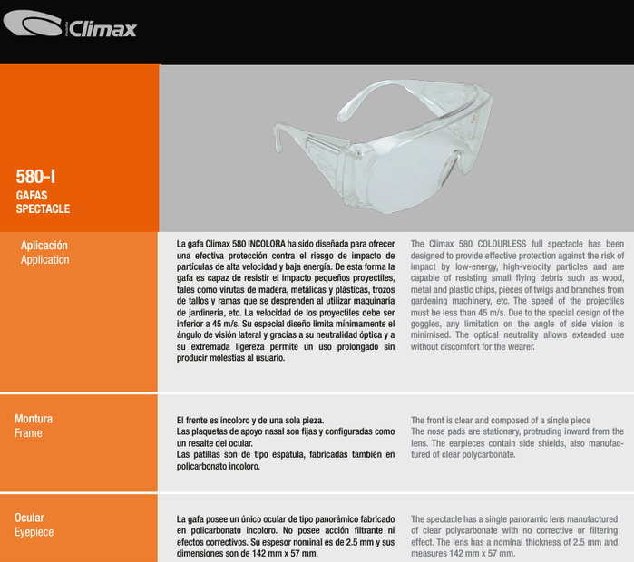 Climax Gafas Panorámicas de Policarbonato Incoloras 2.5 mm Grosor 580 I Climax Gafas Panorámicas de Policarbonato Incoloras 2.5 mm Grosor 580 I