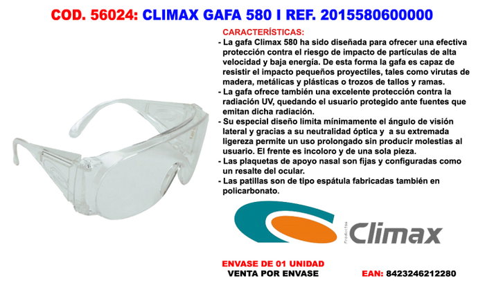 Climax Gafas Panorámicas de Policarbonato Incoloras 2.5 mm Grosor 580 I Climax Gafas Panorámicas de Policarbonato Incoloras 2.5 mm Grosor 580 I