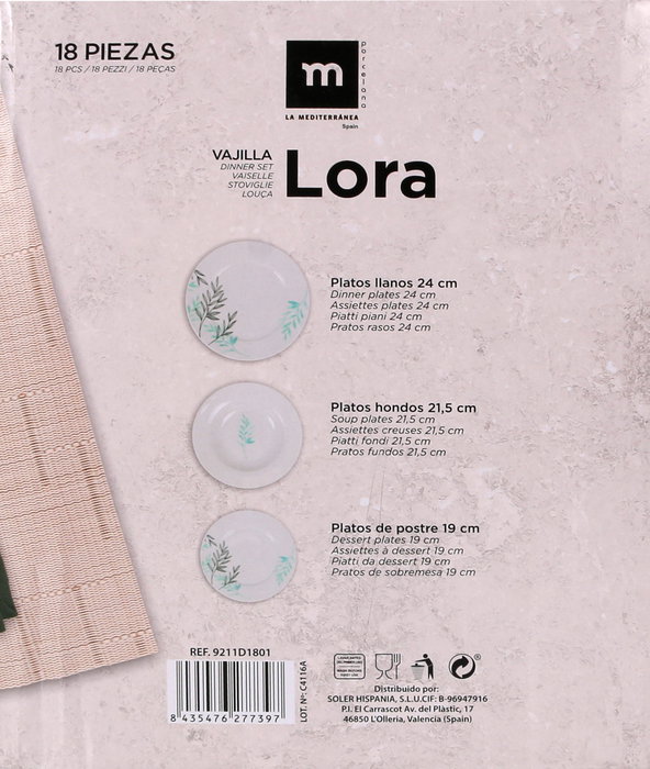 La Mediterranea Vajilla Redonda 18 Piezas "Lora" Md - 22x25x25 cm (2 Unidades)