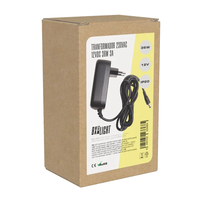 BX3 LIGHT Transformador LED 36W 230V a 12V DC 3A Fuente de Alimentación para Tiras LED, BX3-KDTR1236W