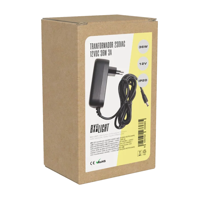 BX3 LIGHT Transformador LED 36W 230V a 12V DC 3A Fuente de Alimentación para Tiras LED, BX3-KDTR1236W