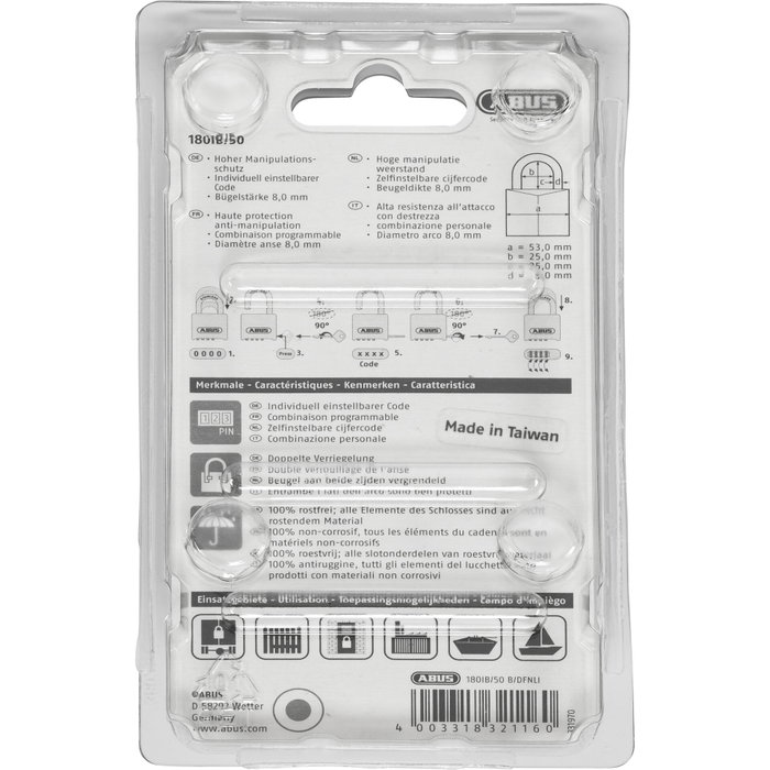Abus Candado combinado 180IB/50 B/DFNLI con cuerpo de latón y arco de acero inoxidable Abus Candado combinado 180IB/50 B/DFNLI con cuerpo de latón y arco de acero inoxidable