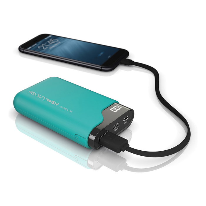 RealPower Powerbank PB-7500C 7500 mAh Doble Salida USB Color Negro/Verde con Cable MicroUSB y Tipo C Incluido