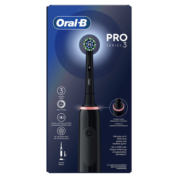 Oral-B Pro 3 3000 CrossAction Black Edition Cepillo Dental Eléctrico Recargable con 3 Modos y 2 Cepillos de Repuesto