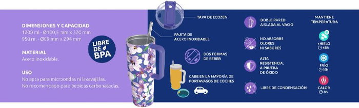 QUOKKA Taza Termo Quokka 1200ml Acero Inoxidable, Color Stream Purple XL, 1200 ml