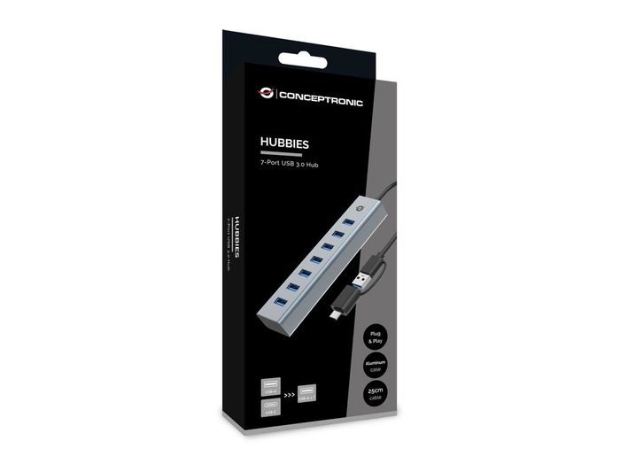 Conceptronic HUBBIES21G Hub USB 3.0 Gris 7 Puertos USB-A Macho USB-C Macho 5 Gbps