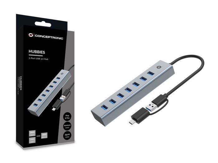Conceptronic HUBBIES21G Hub USB 3.0 Gris 7 Puertos USB-A Macho USB-C Macho 5 Gbps