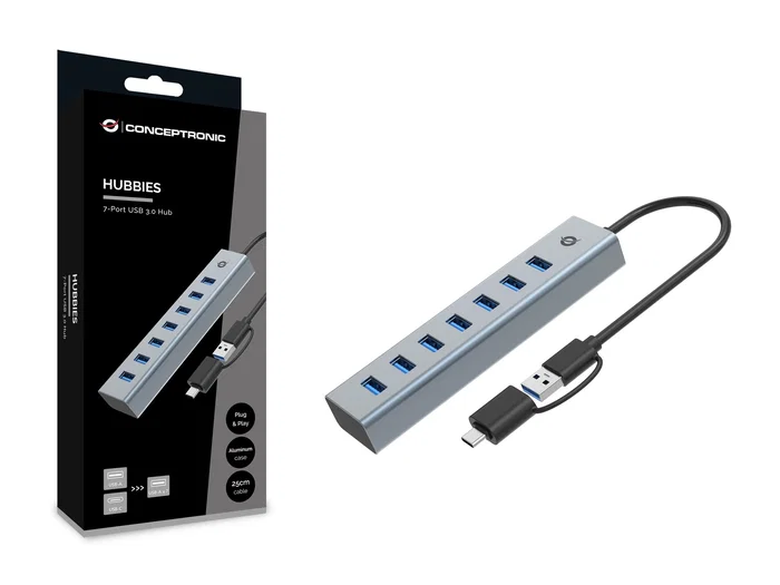 Conceptronic HUBBIES21G Hub de 7 Puertos USB 3.2 Gen 1 Gris Conceptronic HUBBIES21G Hub de 7 Puertos USB 3.2 Gen 1 Gris