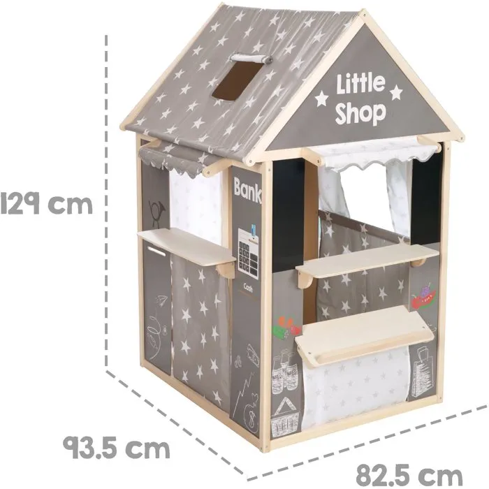 Roba Casita de Juegos 4 en 1 de Madera y Tela - 4 Lados: Teatro, Supermercado, Mostrador de Correos/Banco y Quiosco con Pizarra - Gris
