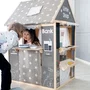 Roba Casita de Juegos 4 en 1 de Madera y Tela - 4 Lados: Teatro, Supermercado, Mostrador de Correos/Banco y Quiosco con Pizarra - Gris