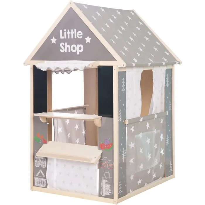 Roba Casita de Juegos 4 en 1 de Madera y Tela - 4 Lados: Teatro, Supermercado, Mostrador de Correos/Banco y Quiosco con Pizarra - Gris