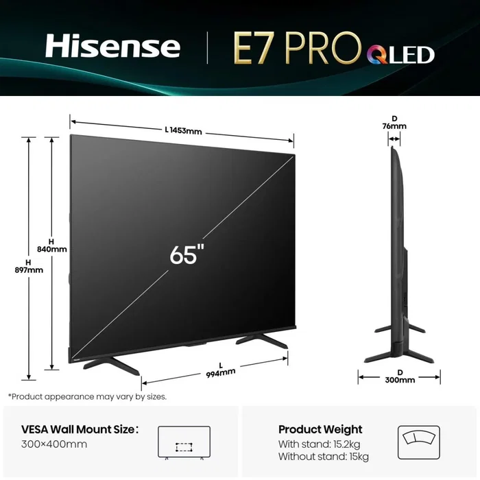 Hisense 65E7Q PRO 65 pulgadas 4K QLED Pro Smart TV Negro