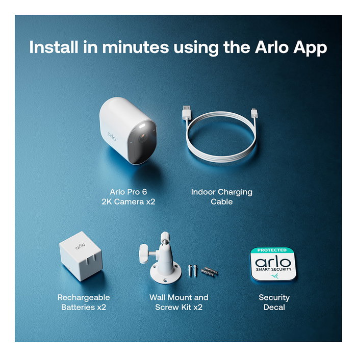 ARLO Pro 6 - Pack de 2 Cámaras de Seguridad Exterior 2K/4MP Inalámbricas con Visión Nocturna, WiFi, Alexa, Google Assistant, IP65, VMC4270P